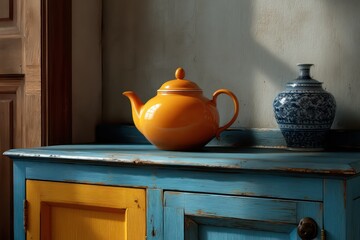 Vintage tea corner with blue-and-yellow cupboard orange teapot rim light highlighting porcelain textures ambient occlusion beneath handles subtle surface