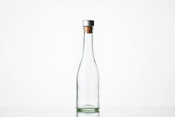 Tall slender clear glass bottle with cork stopper isolated on white background