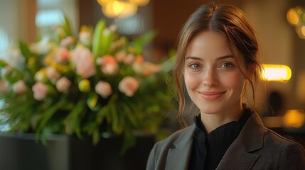 Portrait of a smiling woman in a modern setting, flowers in the background, elegant and sophisticated atmosphere.