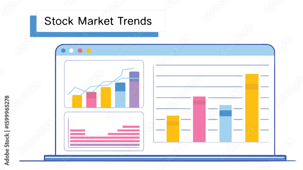 Poster illustration of a laptop displaying stock market trends with bar graphs and line graphs on the scree