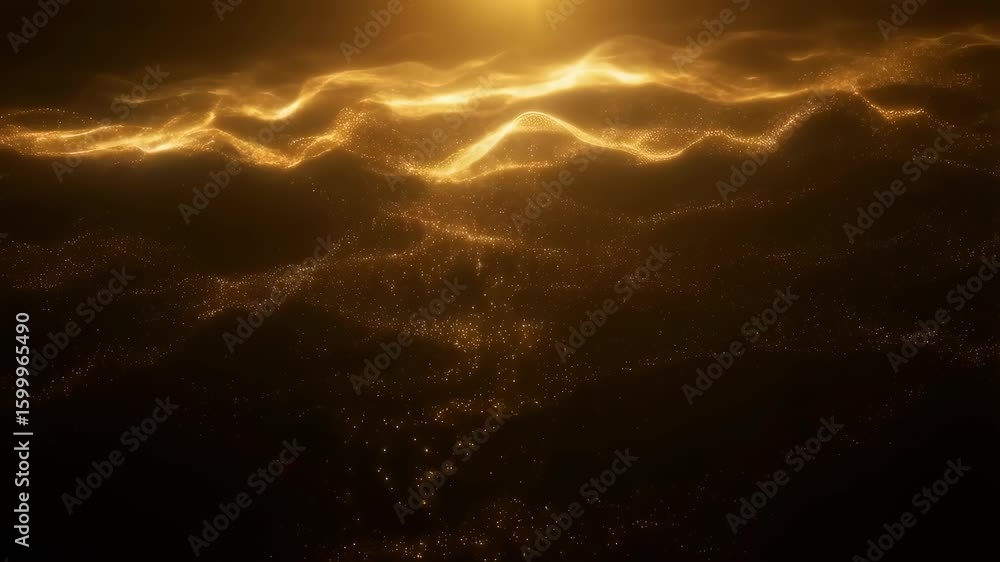 Poster golden waves illuminated by flowing light particles create a mesmerizing abstract ocean-like scene w