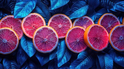 Vibrant Grapefruit Slices on Blue Leaves: A Tropical Delight