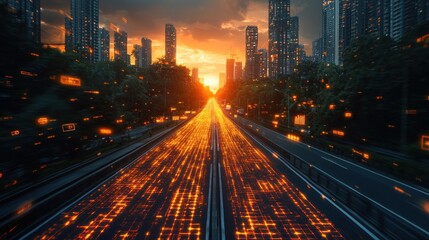Digital Highway Sunset: A Futuristic Cityscape at Golden Hour