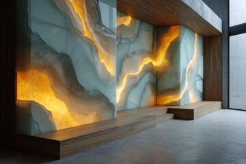 Wall of frosted resin panels with embedded fibers sidelight creating a glowing effect with layered opacity