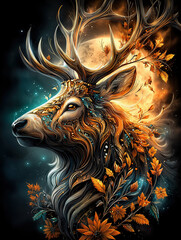 Majestic Deer Elk Head Surrounded by Artistic Leaves in a Mystical Setting background vector illustration with color vibrant details ai