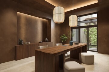 Warm-toned work nook with amber wood finishes paper lantern lighting with volumetric shadows smooth transitions across matte surfaces layered
