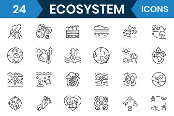 Ecosystem or ecology line icons vector set. Linear icon collection set ecology, sustainable future, recycling, green energy, nature and more environment related icon. Vector illustration.