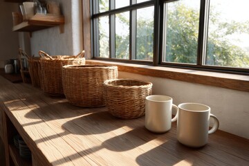 Warm afternoon-lit break station with wicker baskets organic ceramic mugs light play on wooden countertop natural shadow diffusion slight