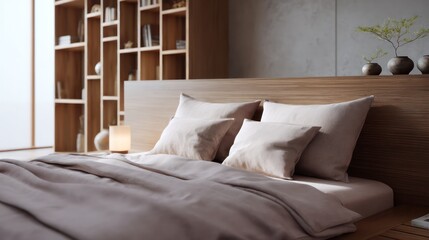 Warm blush and birch master bedroom, linen bedding with top-down filtered light, gentle haze from a nearby diffuser lamp,