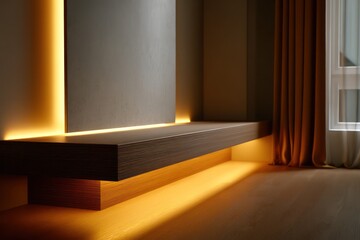 Warm brown minimalist office with LED strip desk lighting and subtle gradient backdrop, deep ambient shadows and golden-toned cinematic