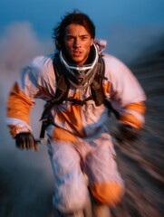 Obraz premium Young male motocross rider in off-road gear racing at high speed on a dirt track at sunset