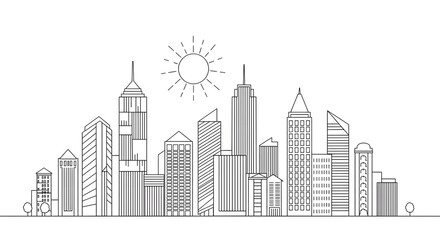 Fototapeta premium A minimalist line drawing depicts a modern city skyline with various tall buildings under a stylized sun.