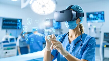 Surgeon Using Virtual Reality Interface in Modern Operating Room for Medical Innovation - Powered by Adobe