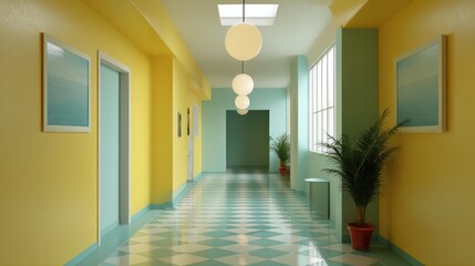 Whimsical retro hallway in sunflower yellow and teal with checkered runner round light fixtures and framed prints side-lit with