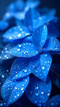 Lush Blue Leaves Covered in Dew Droplets Against a Dark Background in a Dramatic Set