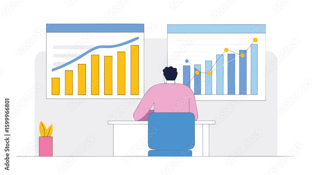 Poster person analyzing bar graphs and line charts on screens in an office setting with plant on desk near 