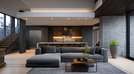 Wide-open loft with gray brick, brushed nickel fixtures, and top-down LED panels creating soft ambient glow, natural steel-blue grading,