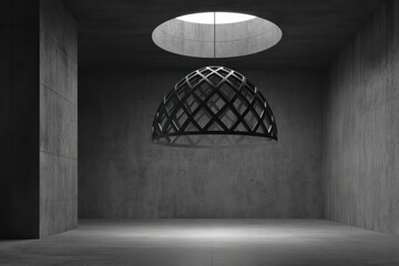 Wireframe dome ceiling light in a charcoal room with rough concrete textures, side-lit for hard shadow detail and metallic