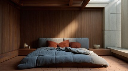 Wooden-panel bedroom with fabric headboard and terracotta flooring, soft side lighting with shadow cast deep textures and finish,