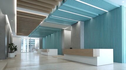 Work hub with ribbed wall panels and light-reflective ceiling channels, turquoise and ash tones, cool directional lighting with balanced
