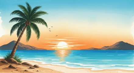 Serene Tropical Beach Sunset Over Calm Ocean Waters
