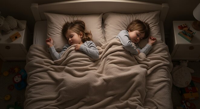Two young children peacefully asleep together in bed at night.