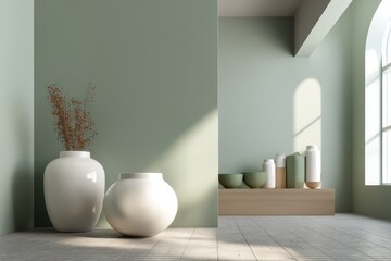 Workspace bathed in natural sunlight with muted sage palette high-gloss ceramic tile reflections felt desk accessories casting soft shadows