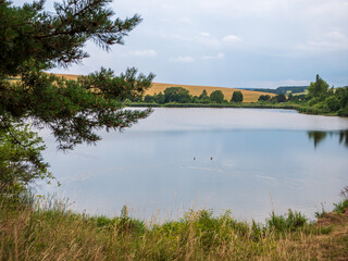 Calm fishing pond with grassy shore and distant fields. Peaceful rural landscape near Vrbov village, Slovakia.