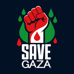 "Powerful 'Save Gaza' Fist Illustration with Palestinian Flag Colors Solidarity Design for Human Rights, Justice, and Peace Awareness Campaigns"