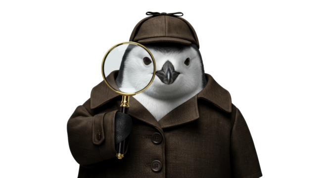 Penguin Detective with Magnifying Glass and Coat.