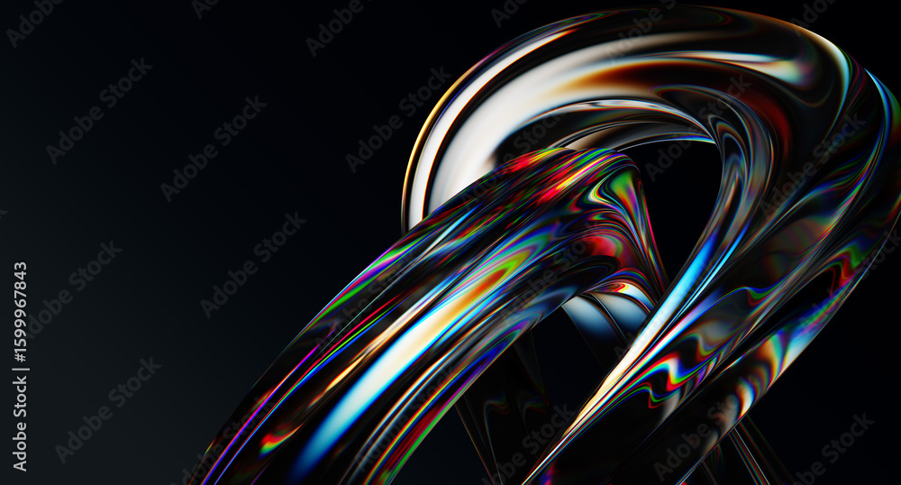 Poster abstract black background, liquid glass spectrum ribbon wave line with rainbow caustic effect. fluid