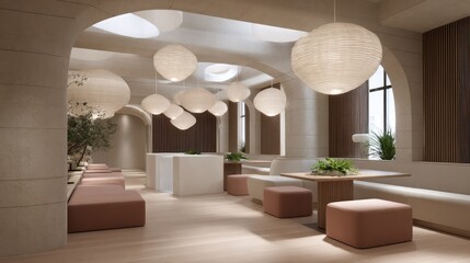 Zen-inspired break area with soft curved dividers, off-white stone and blush tones, overhead paper lantern lights casting diffused glows,