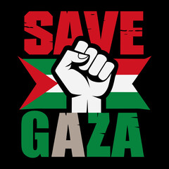 "Powerful 'Save Gaza' Fist Illustration with Palestinian Flag Colors Solidarity Design for Human Rights, Justice, and Peace Awareness Campaigns"