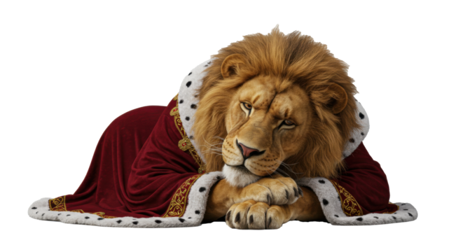 Regal Lion in Red Robe with Fur Trim Lying Down.