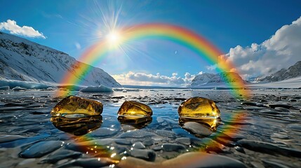Three Amber Stones Reflecting Rainbow on a Frozen Lake with Snow Capped Mountains