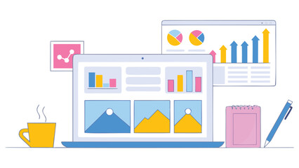 Illustration of a laptop displaying charts next to a cup of coffee and a pen on a white background