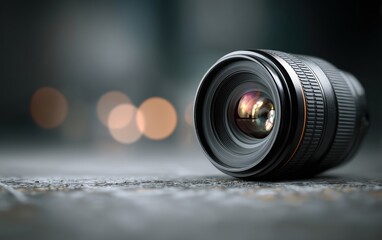 Close-up of professional camera lens on textured surface with bokeh background