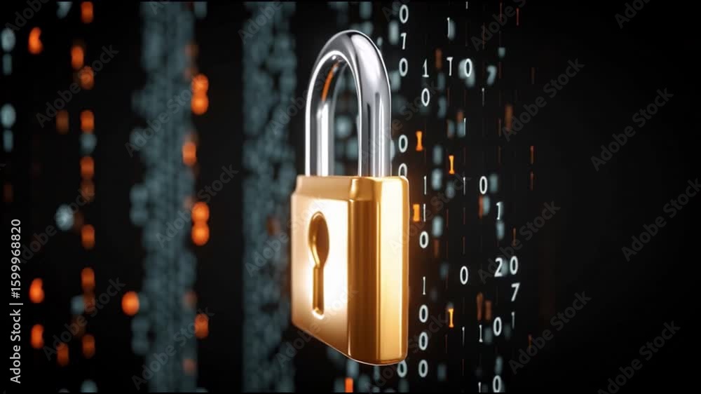 Poster golden padlock symbolizing strong cybersecurity for digital data protection and online privacy, whil