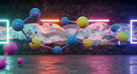 Abstract 3D Molecular Structure with Neon Lights and Futuristic Design, Representing Science, Technology, and Innovation in a Modern Digital Art Style