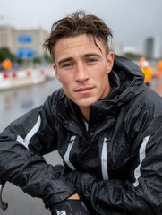 Young Man in Raincoat After Cycling in Heavy Rain on City Street