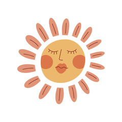 A stylized sun illustration with a smiling face. The sun has a round yellow body and elongated orange rays. The design is simple and cheerful, suitable for various themes.