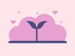 Plant Sprouted from floor with Bush of Hearts, Pastel Pink Lo-fi Flat Style Pixel Art Illustration