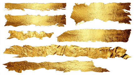 Torn gold foil strips and sheets, shiny and rough edges, metallic texture elements