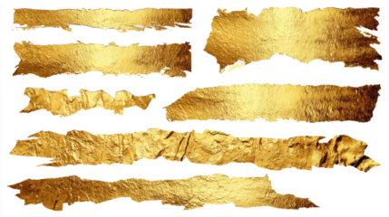 Torn gold foil strips and sheets, shiny and rough edges, metallic texture elements