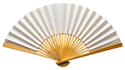 Elegant open hand fan with white paper and bamboo isolated on a white background