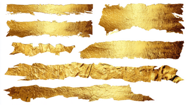 Torn gold foil strips and sheets, shiny and rough edges, metallic texture elements