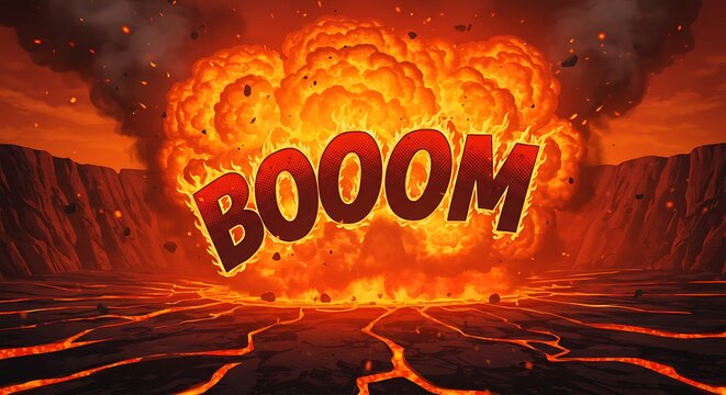 Fiery Explosion with Red 'booom' Text on Volcanic Landscape Backdrop