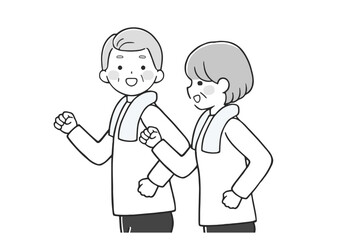 楽しくウォーキングするシニア夫婦 (上半身) モノクロ