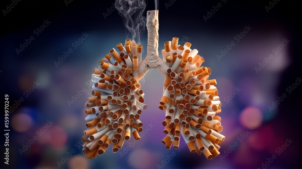 Poster lung with a bunch of cigarette butts in it. the image is meant to be a warning about the dangers of 