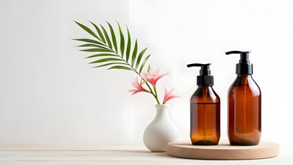 Minimalist Beauty Still Life with Brown Glass Bottles and Tropical Flowers